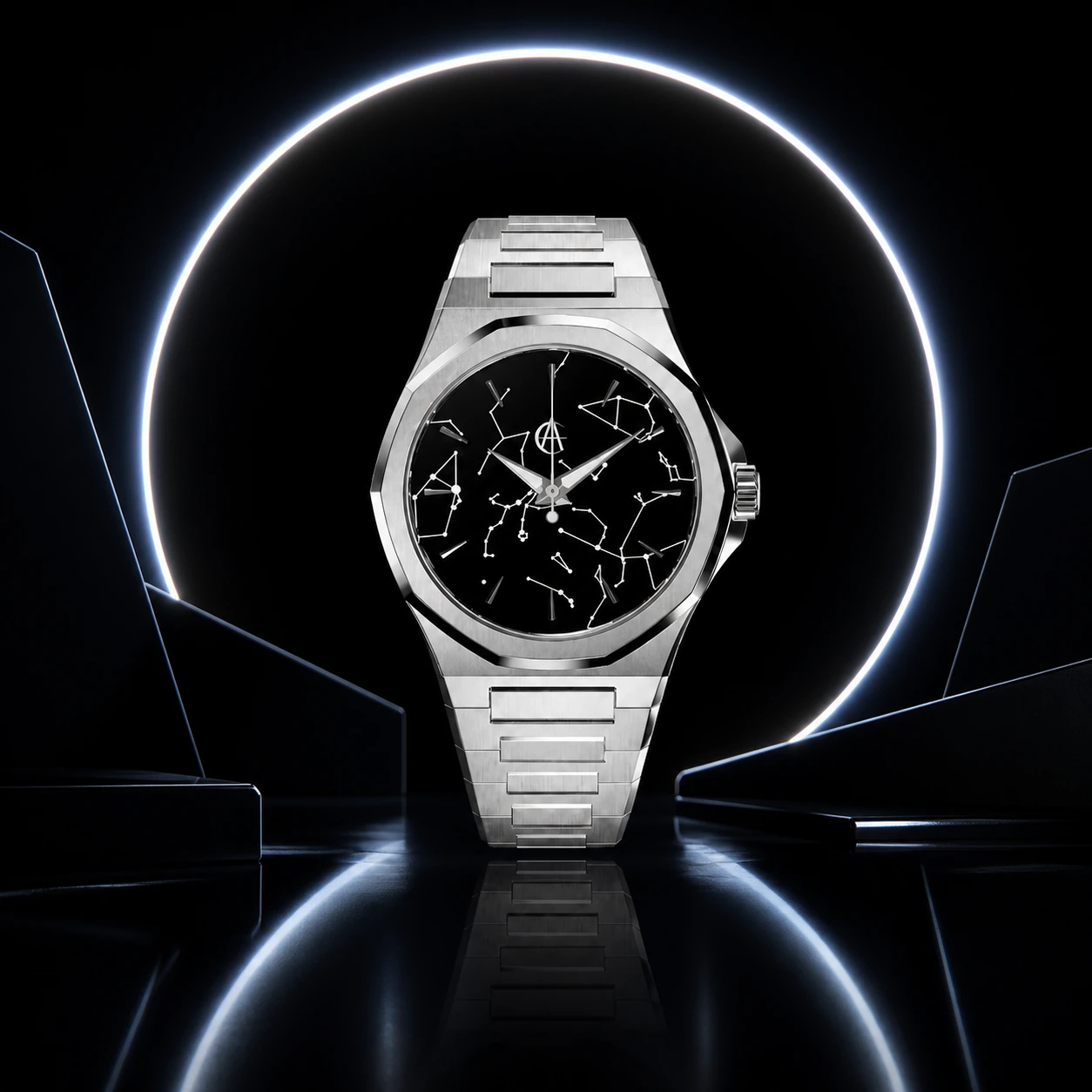 ChronoAstra Event Horizon campaign photograph: Ultra Black Enamel starmap dial in Natural Grade 5 Titanium