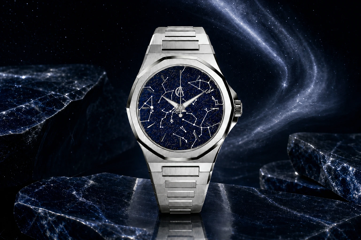 ChronoAstra Aurora campaign photograph: Blue Aventurine starmap dial in Natural Grade 5 Titanium