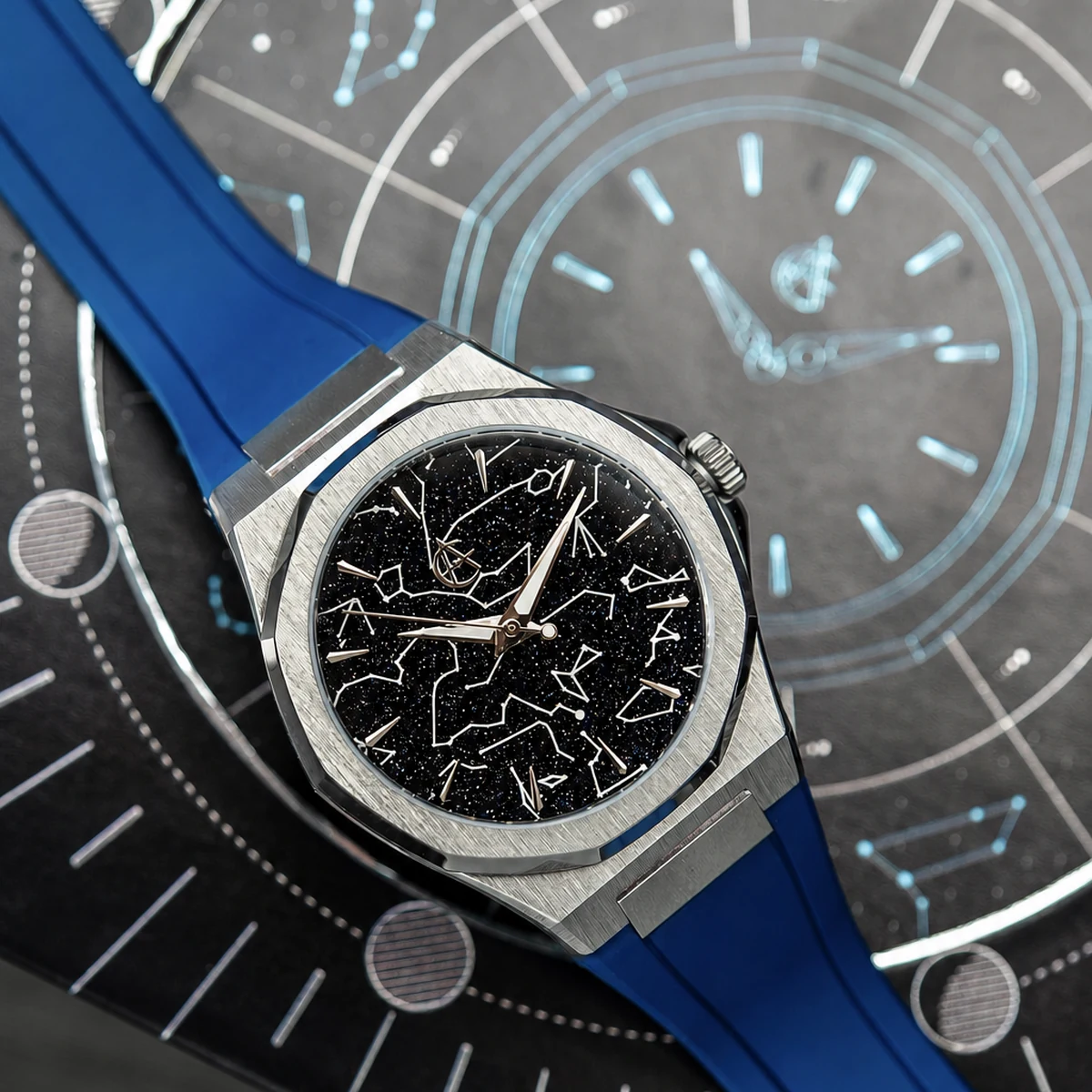 ChronoAstra Starlight with Black Aventurine dial and Natural Grade 5 Titanium case on a blue fkm rubber strap