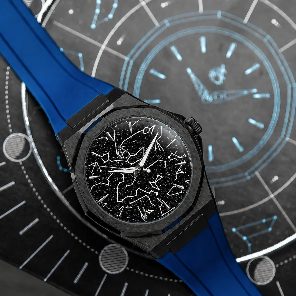 ChronoAstra Dark Matter with Black Aventurine dial and Black DLC Grade 5 Titanium case on a blue fkm rubber strap