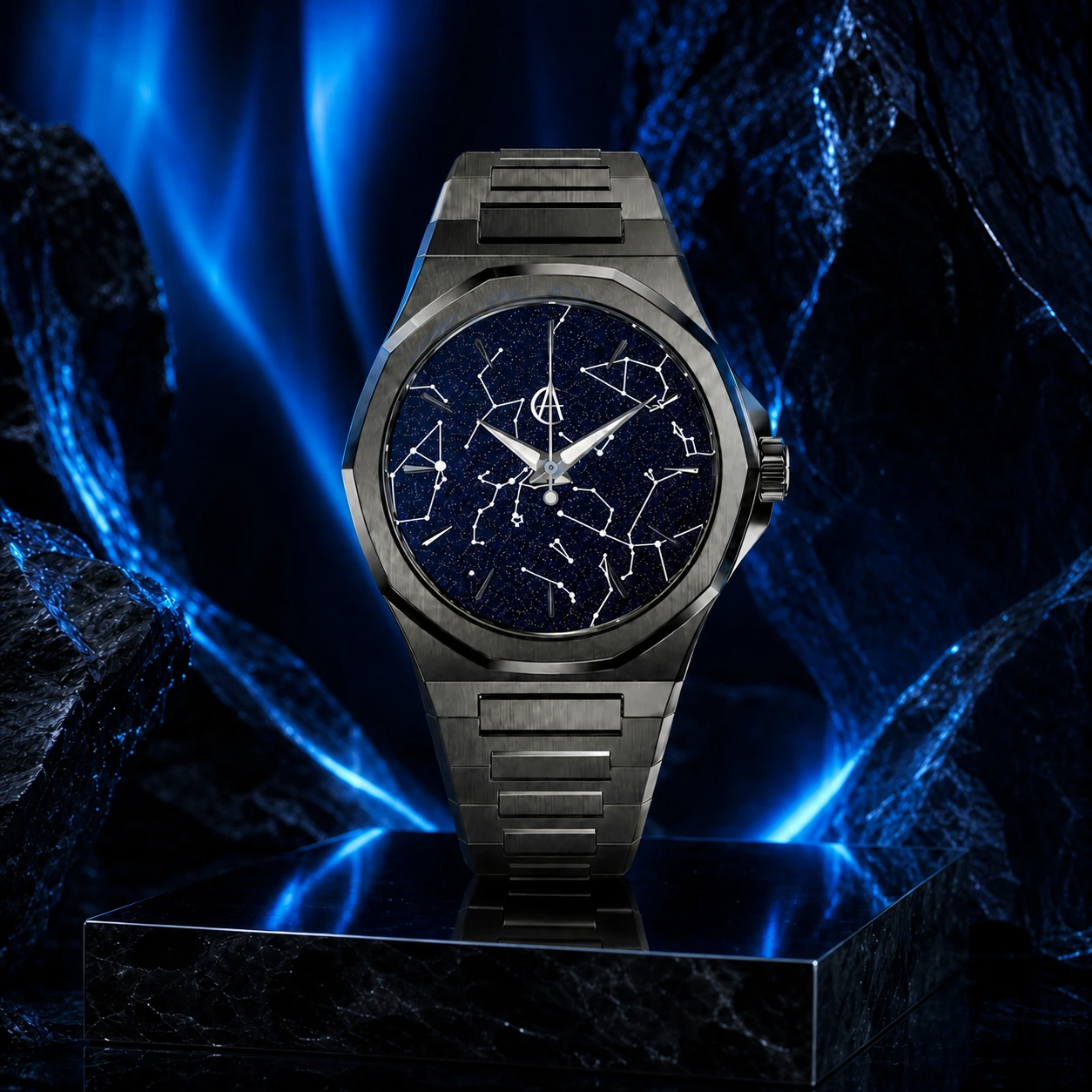 ChronoAstra Midnight Aurora campaign photograph: Blue Aventurine starmap dial in Black DLC Grade 5 Titanium