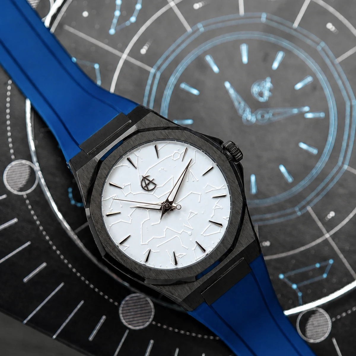 ChronoAstra Lunar Eclipse with White Dwarf dial and Black DLC Grade 5 Titanium case on a blue fkm rubber strap