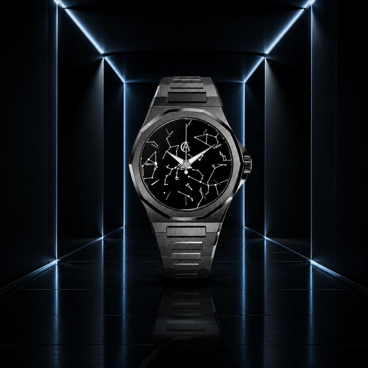 ChronoAstra Blackout campaign photograph: Ultra Black Enamel starmap dial in Black DLC Grade 5 Titanium