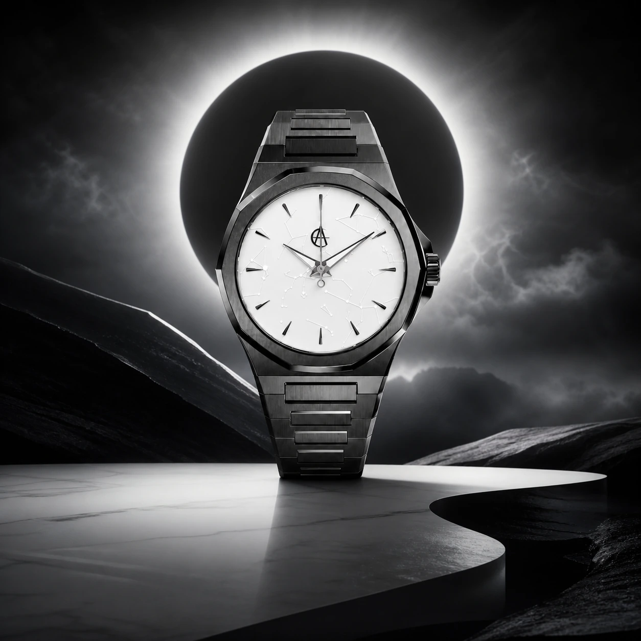 ChronoAstra Lunar Eclipse campaign photograph: White Dwarf starmap dial in Black DLC Grade 5 Titanium