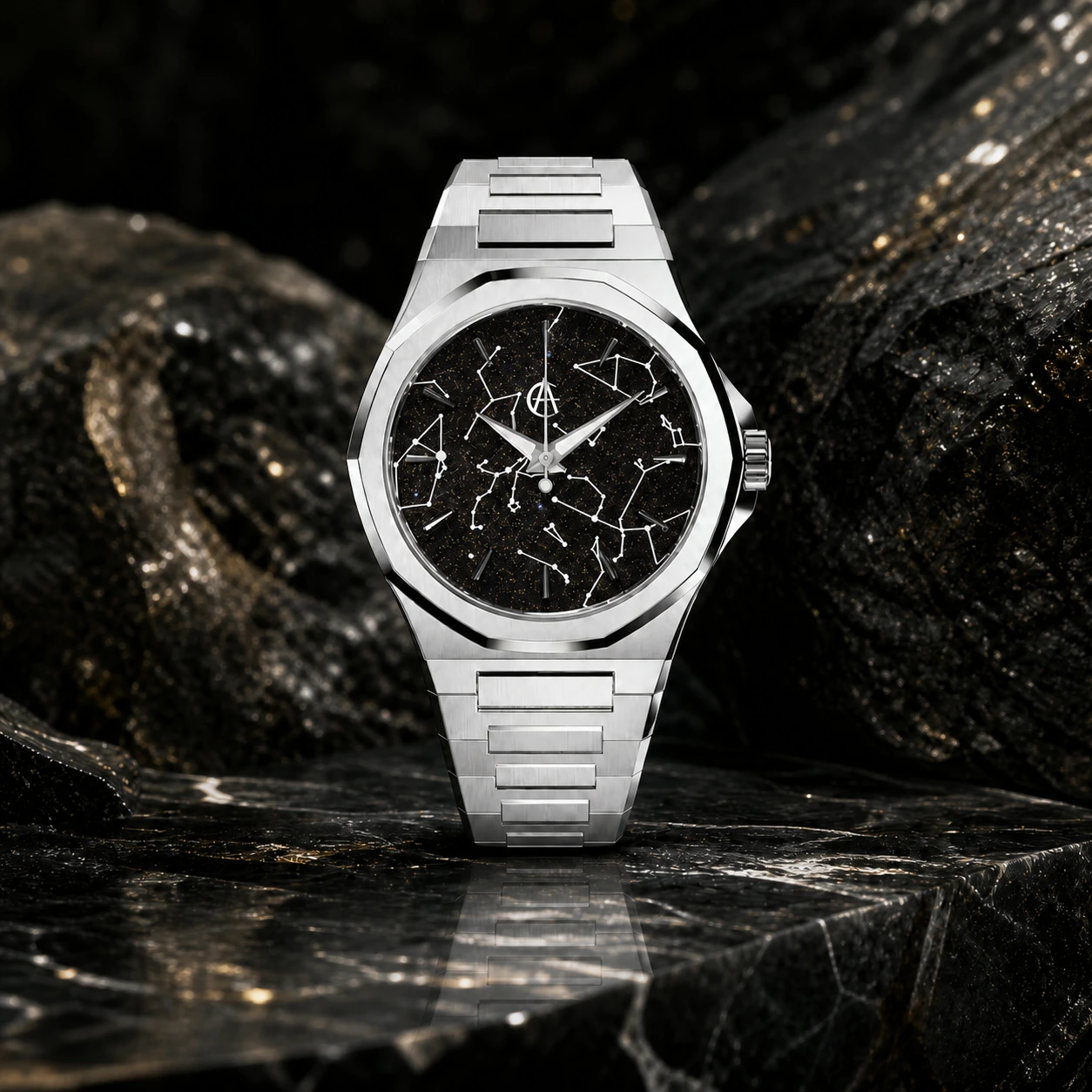 ChronoAstra Starlight campaign photograph: Black Aventurine starmap dial in Natural Grade 5 Titanium