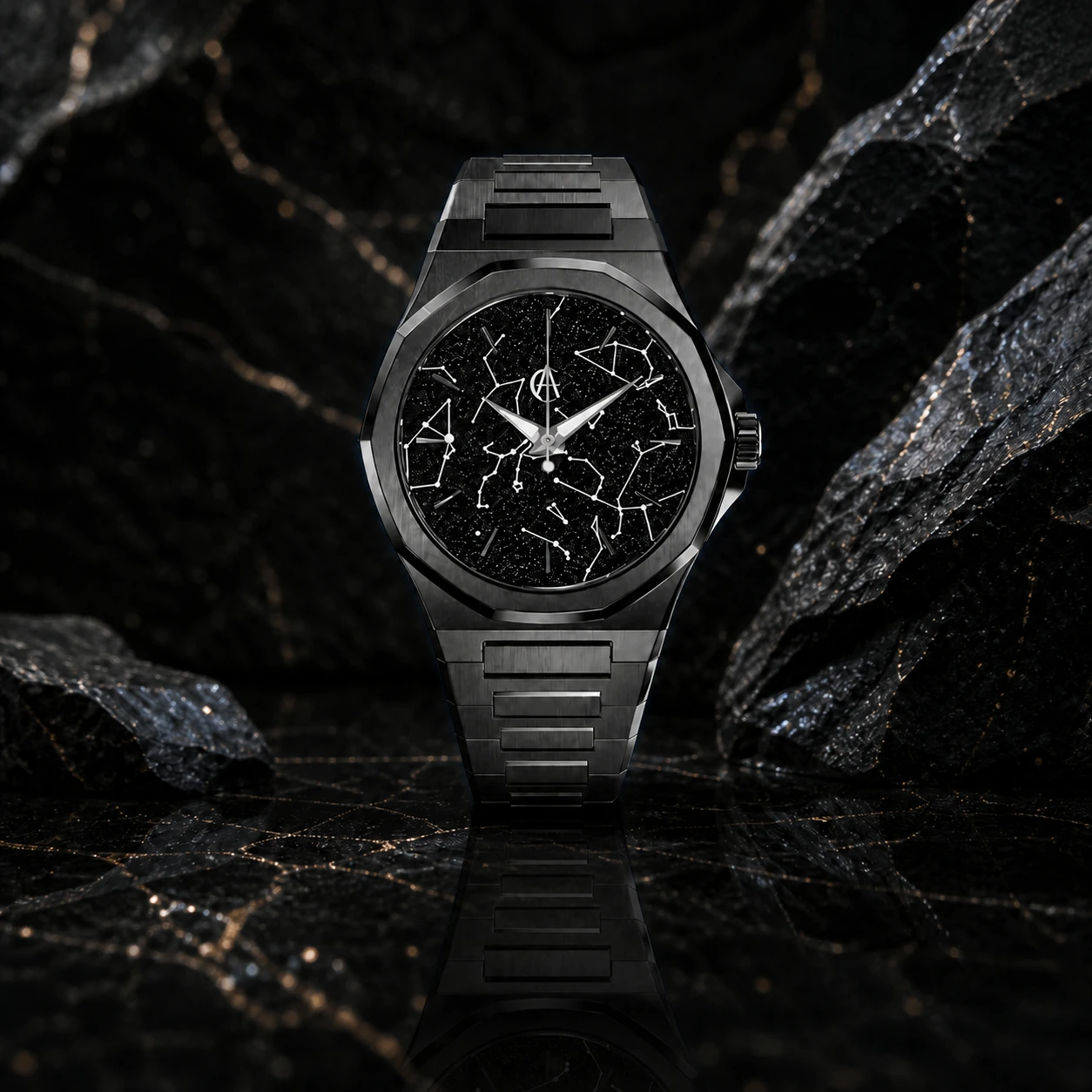 ChronoAstra Dark Matter campaign photograph: Black Aventurine starmap dial in Black DLC Grade 5 Titanium