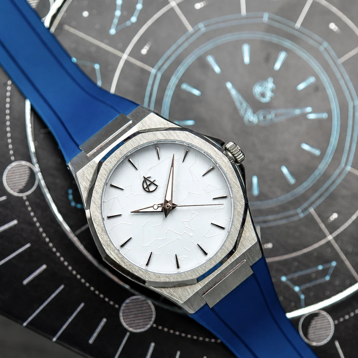 ChronoAstra White Dwarf with White Dwarf dial and Natural Grade 5 Titanium case on a blue fkm rubber strap