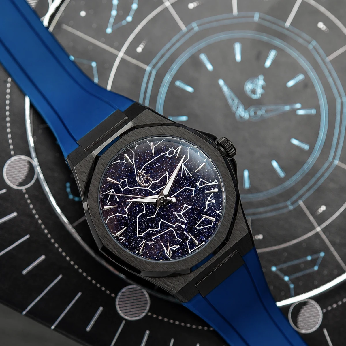 ChronoAstra Midnight Aurora with Blue Aventurine dial and Black DLC Grade 5 Titanium case on a blue fkm rubber strap