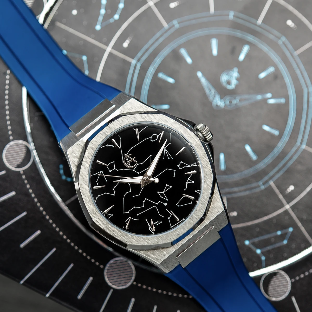 ChronoAstra Event Horizon with Ultra Black Enamel dial and Natural Grade 5 Titanium case on a blue fkm rubber strap
