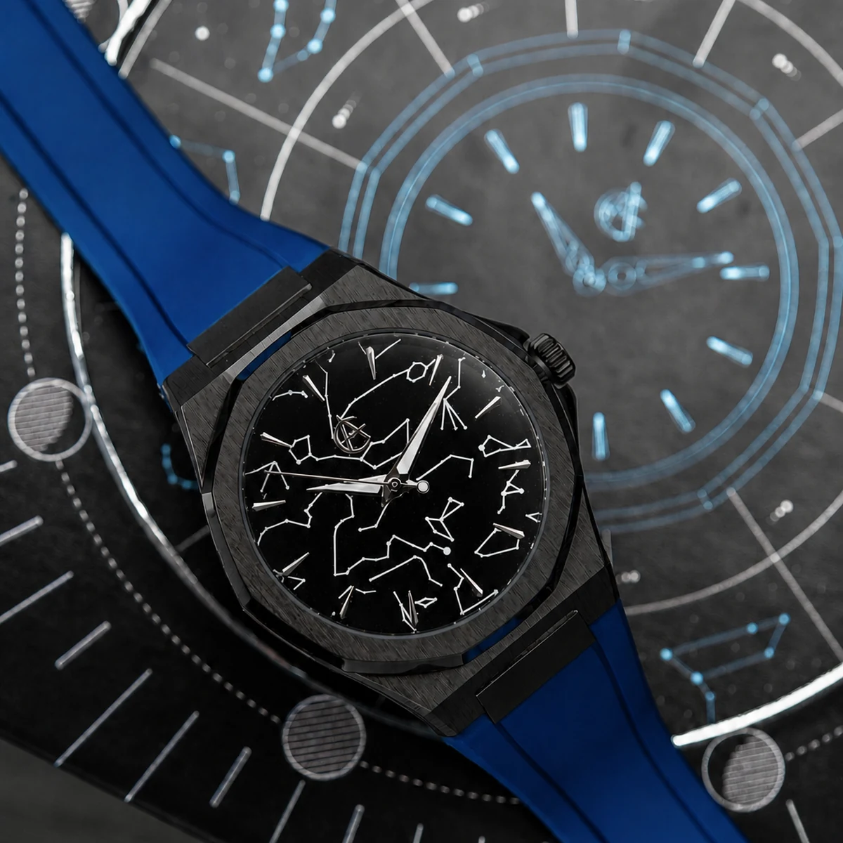 ChronoAstra Blackout with Ultra Black Enamel dial and Black DLC Grade 5 Titanium case on a blue fkm rubber strap